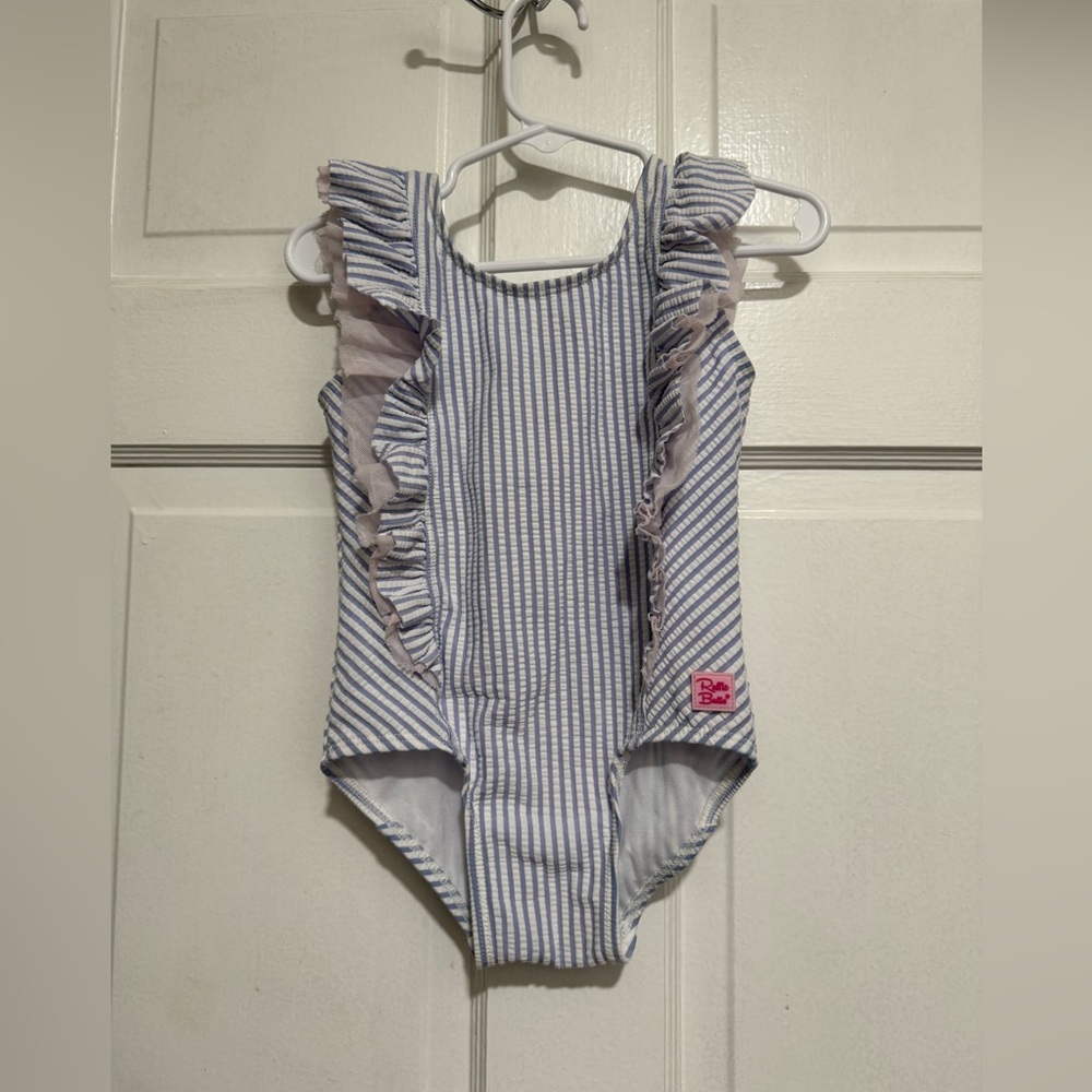 Ruffle Butts 2T Blue White Stripe Girls Swimsuit One Piece Bow Ruffles